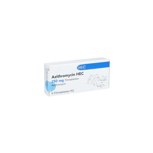 Das Produktfoto zeigt Azithromycin Hec 250 Mg Filmtabletten (6 stk) PZN 03979734