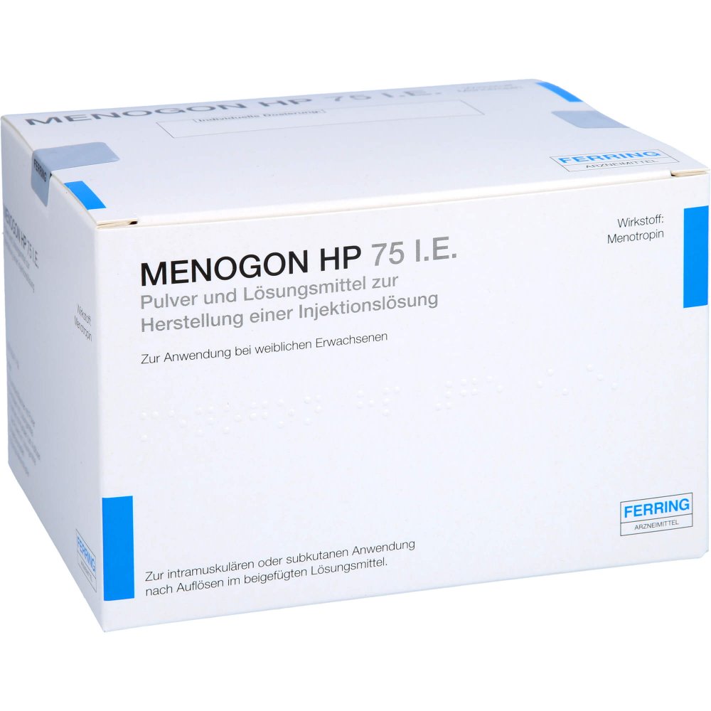 Das Produktfoto zeigt Menogon Hp 75 I.E. + Zubehör P.U.Lm Z.H.E.Inj.L. (10 stk) PZN 04015429