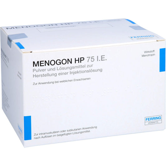 Das Produktfoto zeigt Menogon Hp 75 I.E. + Zubehör P.U.Lm Z.H.E.Inj.L. (10 stk) PZN 04015429