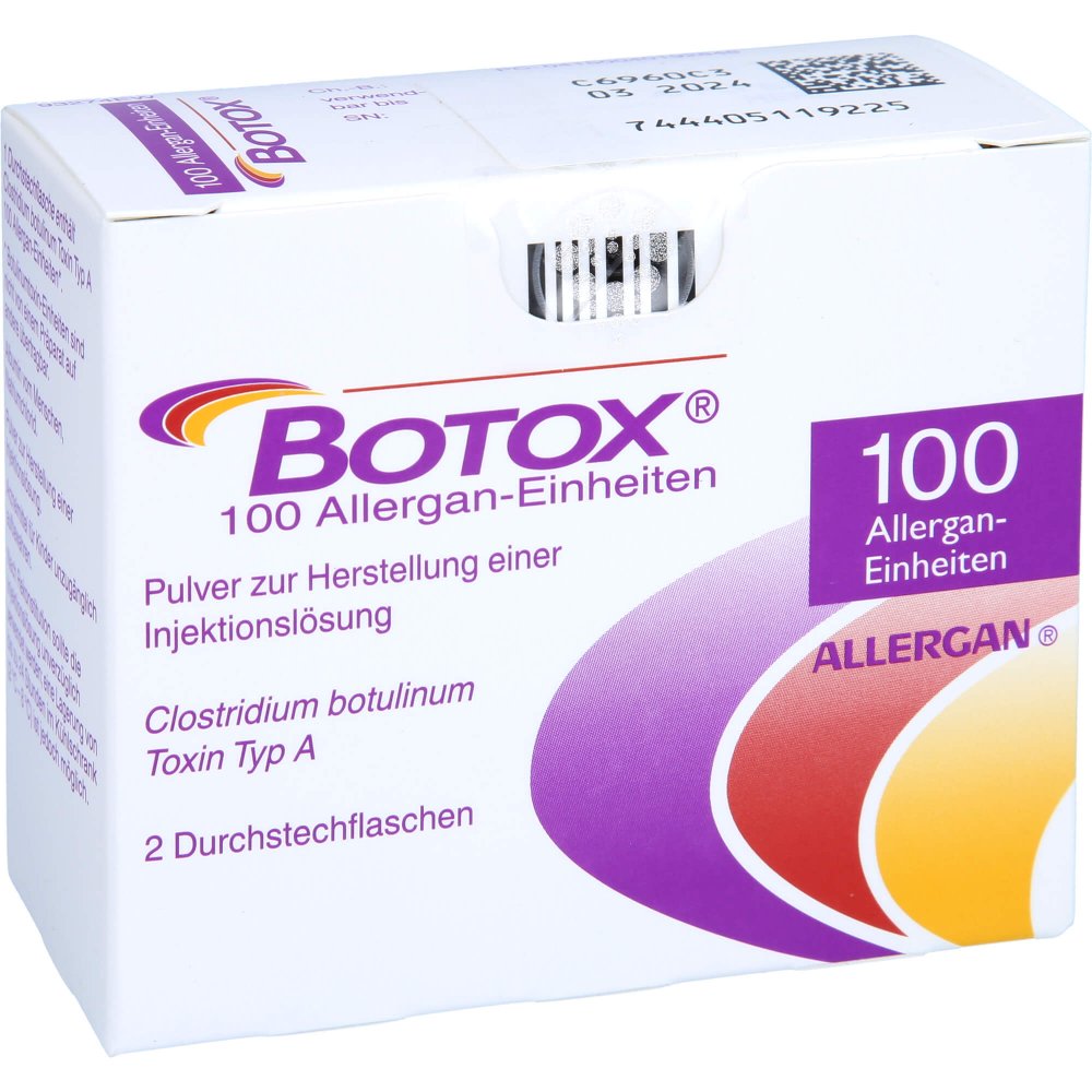 Das Produktfoto zeigt Botox Multipack 2x100 Allergan-E. P.Z.H.E.Inj.-L. (1 Pck) PZN 04019284