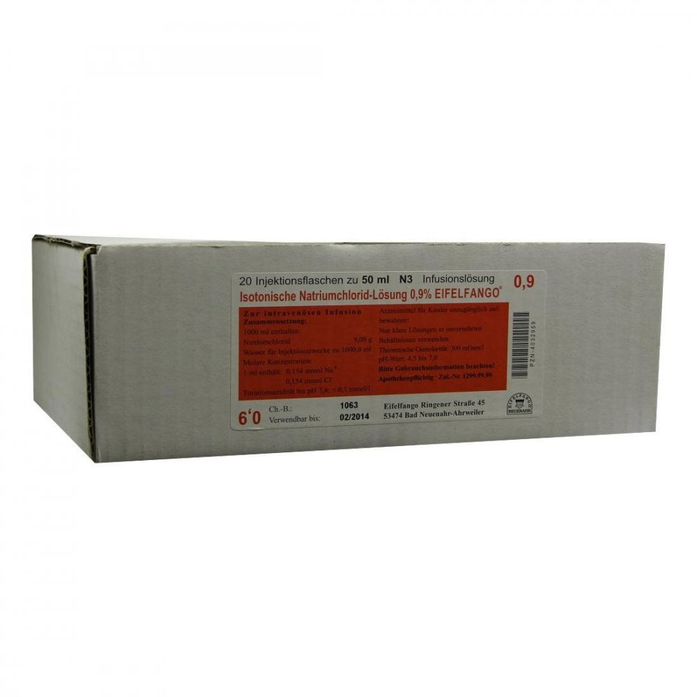 Das Produktfoto zeigt Isotonische Nacl Lösung 0,9% Eifelfango (20X50 ml) PZN 04032959