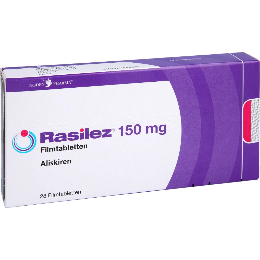 Das Produktfoto zeigt Rasilez 150 Mg Filmtabletten (28 stk) PZN 04045672