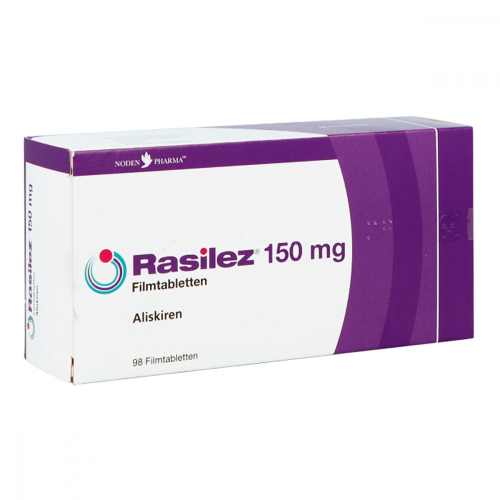 Das Produktfoto zeigt Rasilez 150 Mg Filmtabletten (98 stk) PZN 04045695