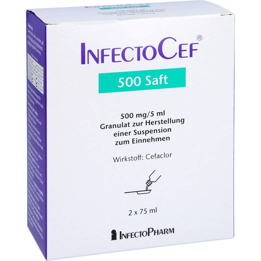 Das Produktfoto zeigt Infectocef 500 Saft Gran.Z.Herstell.E.Susp.Z.Einn. (2X75 ml) PZN 04046370
