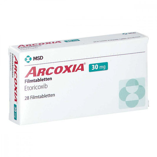 Das Produktfoto zeigt Arcoxia 30 Mg Filmtabletten (28 stk) PZN 04047435