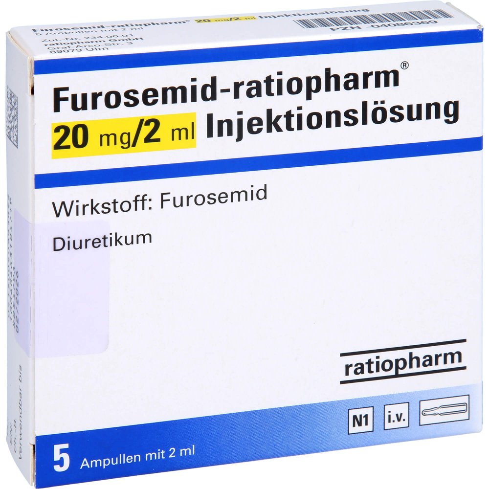 Das Produktfoto zeigt Furosemid-Ratiopharm 20 Mg/2 Ml Inj.-Lsg.Ampullen (5 stk) PZN 04086369
