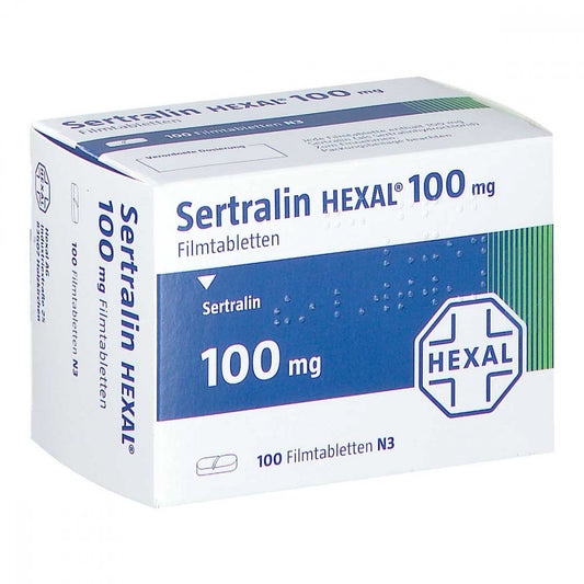 Das Produktfoto zeigt Sertralin Hexal 100 Mg Filmtabletten (100 stk) PZN 04086984