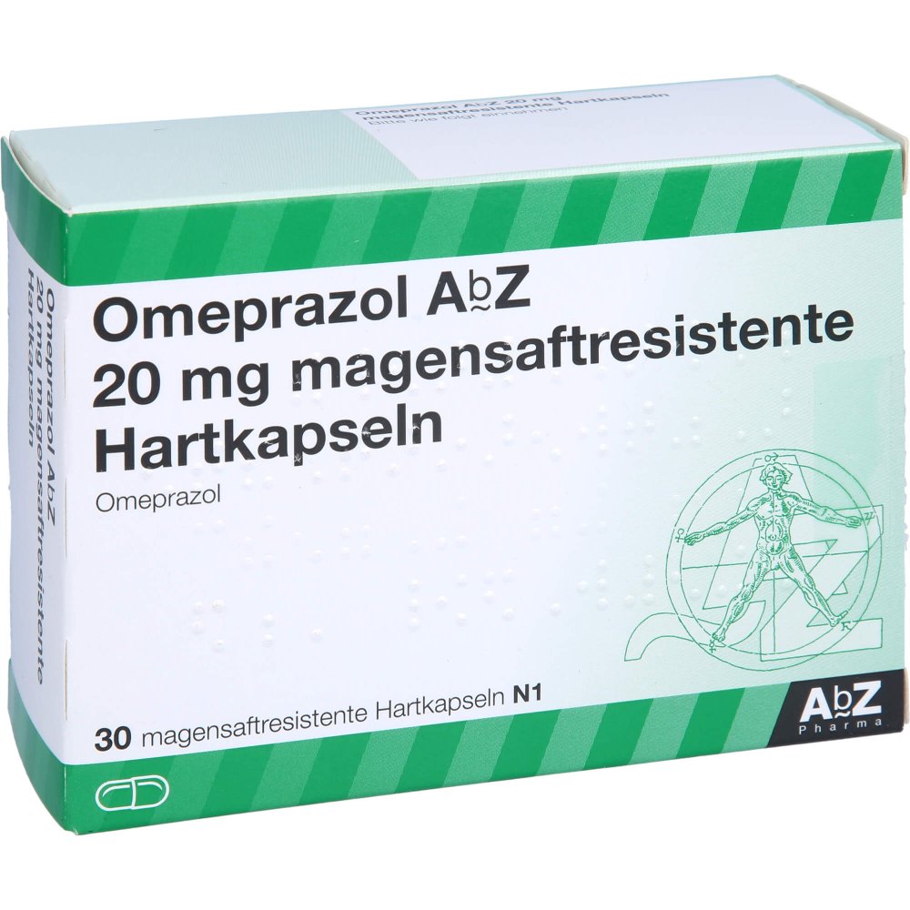 Das Produktfoto zeigt Omeprazol Abz 20 Mg Magensaftresistente Kapseln (30 stk) PZN 04102298