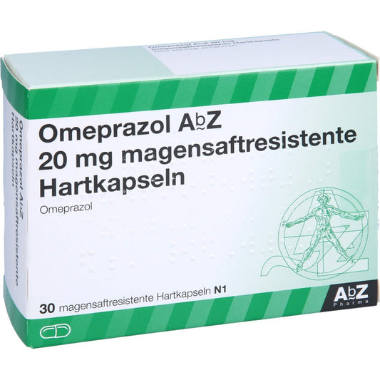 Das Produktfoto zeigt Omeprazol Abz 20 Mg Magensaftresistente Kapseln (30 stk) PZN 04102298