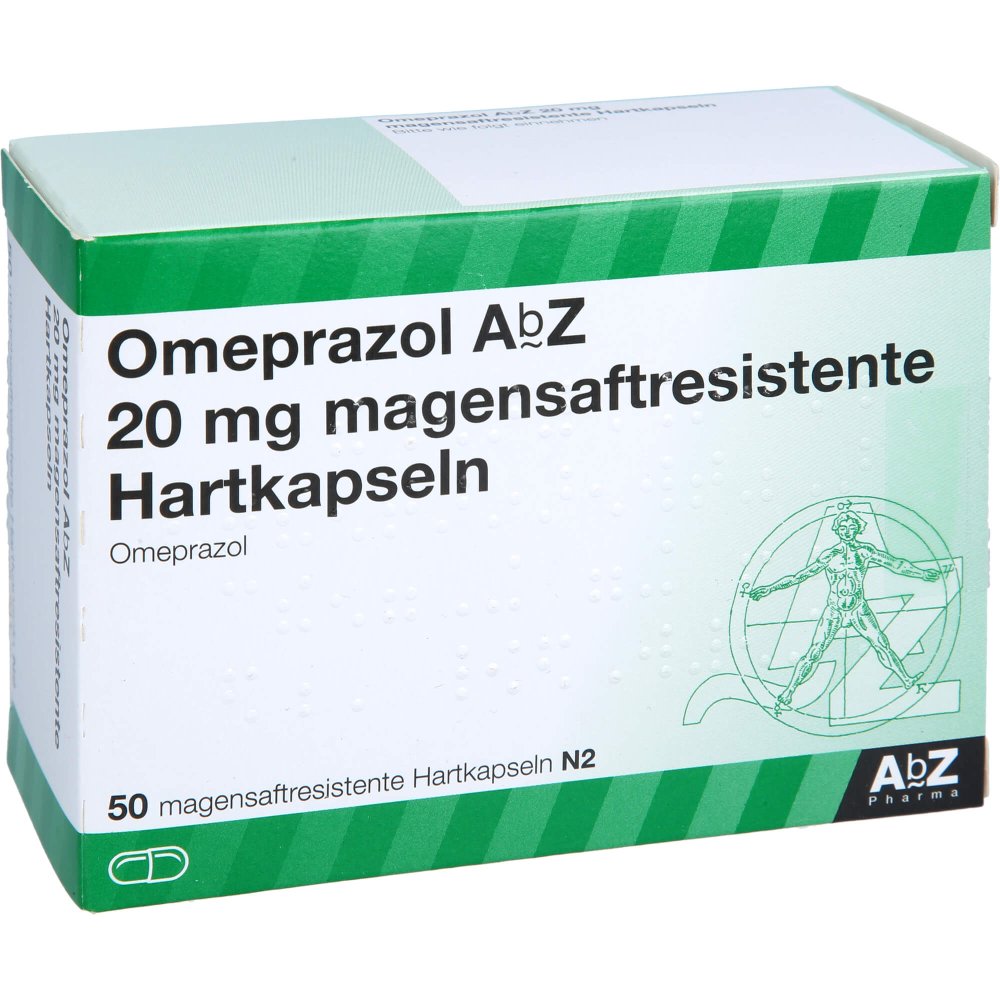 Das Produktfoto zeigt Omeprazol Abz 20 Mg Magensaftresistente Kapseln (50 stk) PZN 04102306