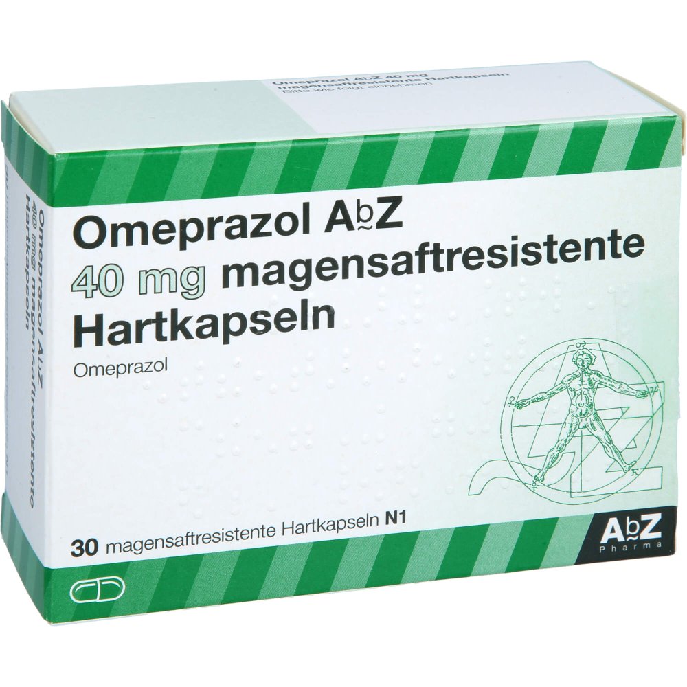 Das Produktfoto zeigt Omeprazol Abz 40 Mg Magensaftresistente Kapseln (30 stk) PZN 04102341