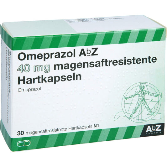 Das Produktfoto zeigt Omeprazol Abz 40 Mg Magensaftresistente Kapseln (30 stk) PZN 04102341