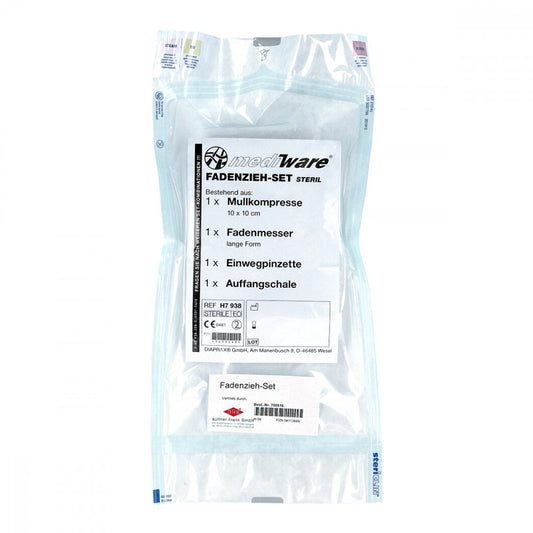 Das Produktfoto zeigt Fadenzieh Set Steril M.Trennmesser+Pinzette+Tupfer (1 stk) PZN 04113669