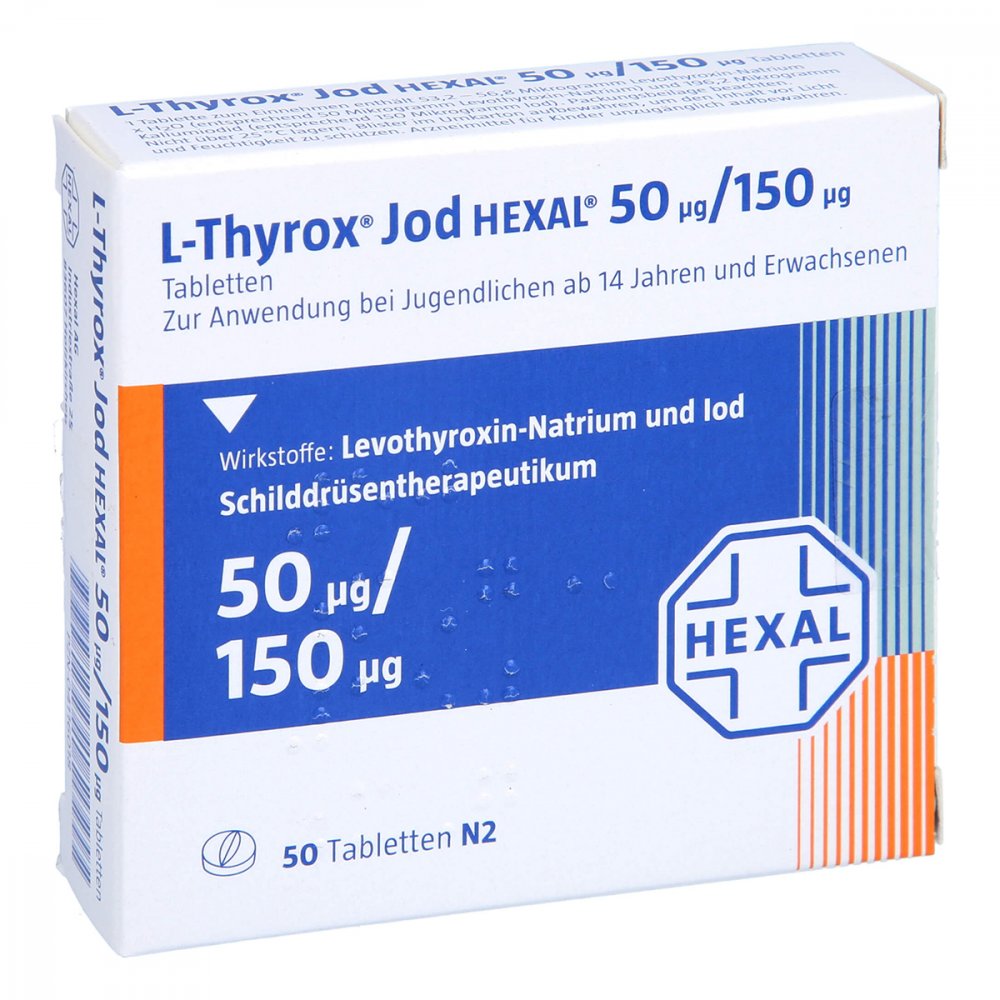 Das Produktfoto zeigt L-Thyrox Jod Hexal 50/150 Tabletten (50 stk) PZN 04116018
