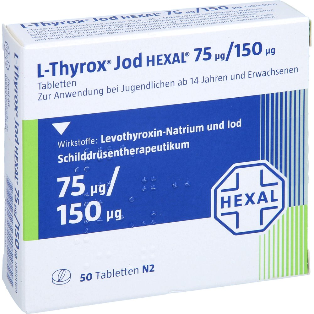 Das Produktfoto zeigt L-Thyrox Jod Hexal 75/150 Tabletten (50 stk) PZN 04116030