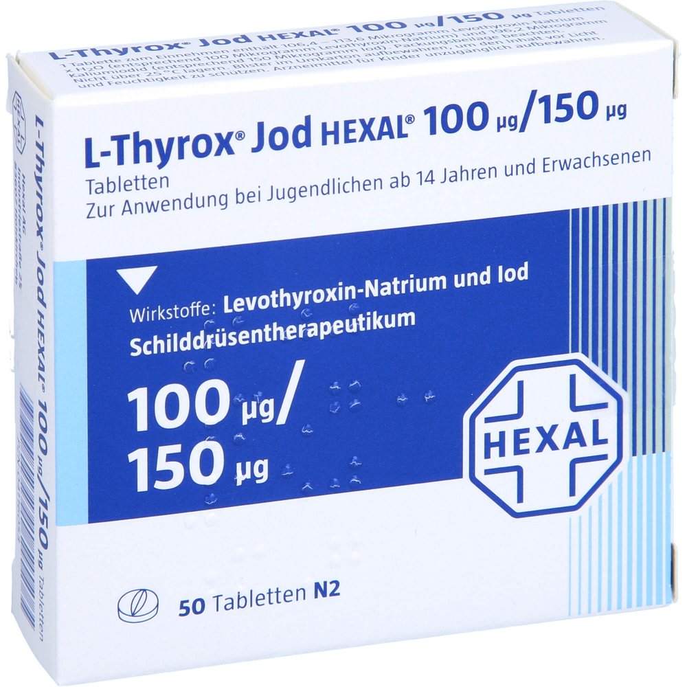 Das Produktfoto zeigt L-Thyrox Jod Hexal 100/150 Tabletten (50 stk) PZN 04116053