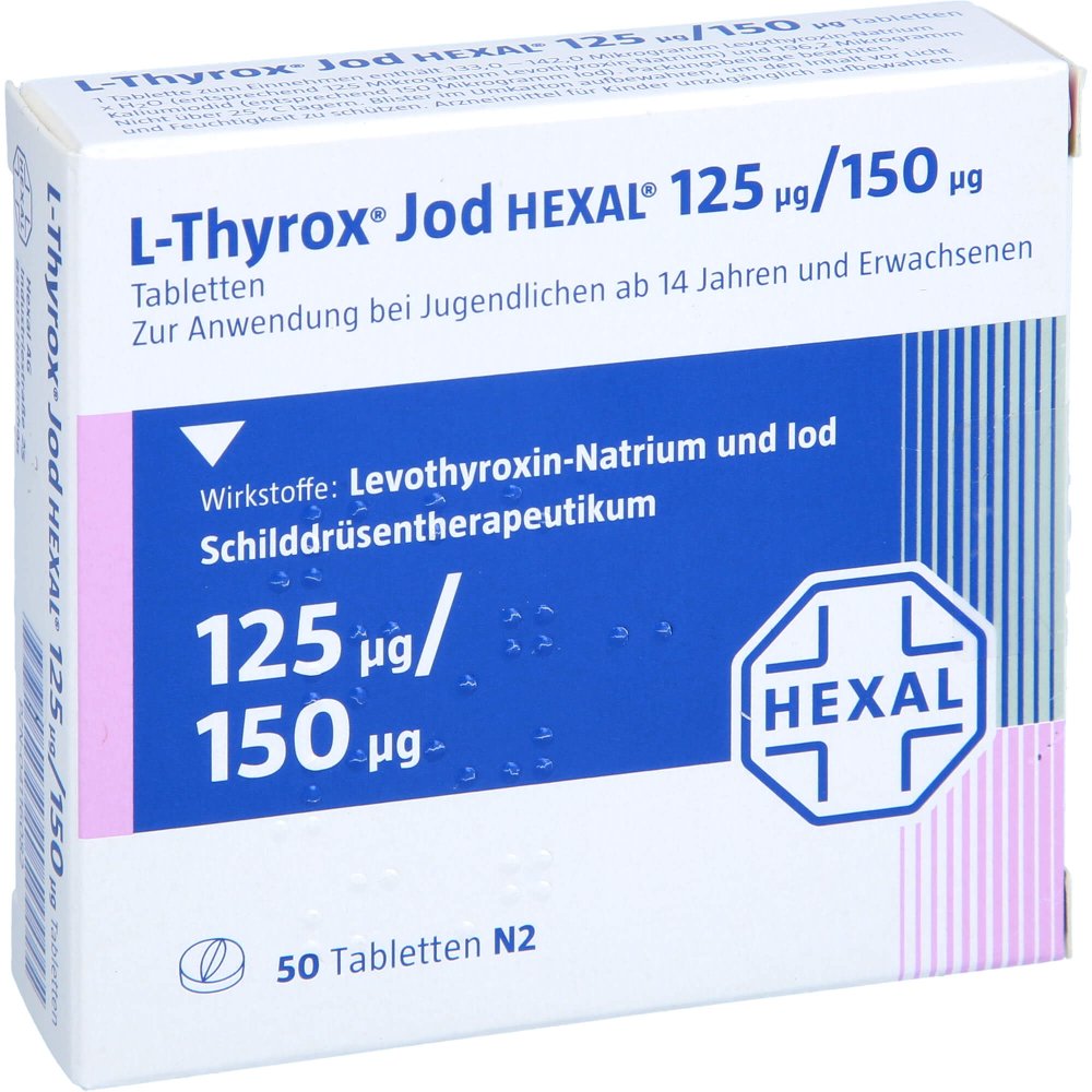 Das Produktfoto zeigt L-Thyrox Jod Hexal 125/150 Tabletten (50 stk) PZN 04116082