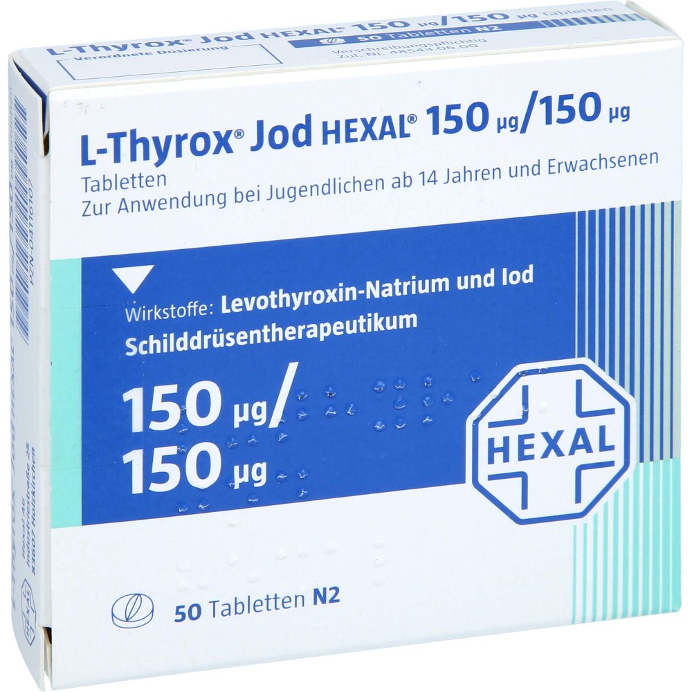 Das Produktfoto zeigt L-Thyrox Jod Hexal 150/150 Tabletten (50 stk) PZN 04116107