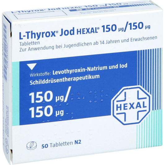 Das Produktfoto zeigt L-Thyrox Jod Hexal 150/150 Tabletten (50 stk) PZN 04116107