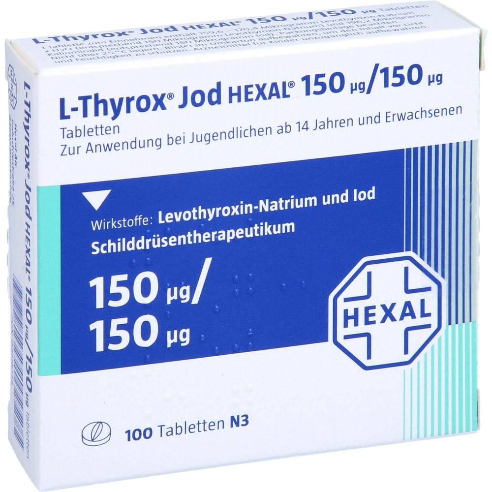 Das Produktfoto zeigt L-Thyrox Jod Hexal 150/150 Tabletten (100 stk) PZN 04116113