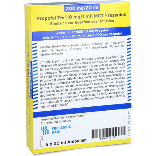 Das Produktfoto zeigt Propofol 1% 10mg/1ml Mct Fres.Em.Z.Inj.U.Inf.G-Amp (5X20 ml) PZN 04121887