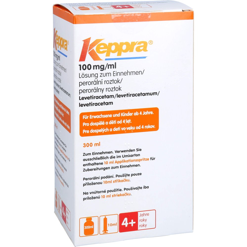 Das Produktfoto zeigt Keppra 100 Mg/Ml Lsg.Z.Einnehmen 10ml Dos.Pipette (300 ml) PZN 04121947