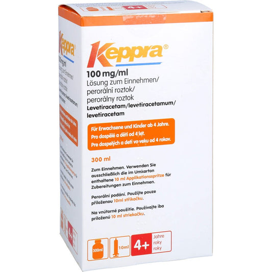 Das Produktfoto zeigt Keppra 100 Mg/Ml Lsg.Z.Einnehmen 10ml Dos.Pipette (300 ml) PZN 04121947