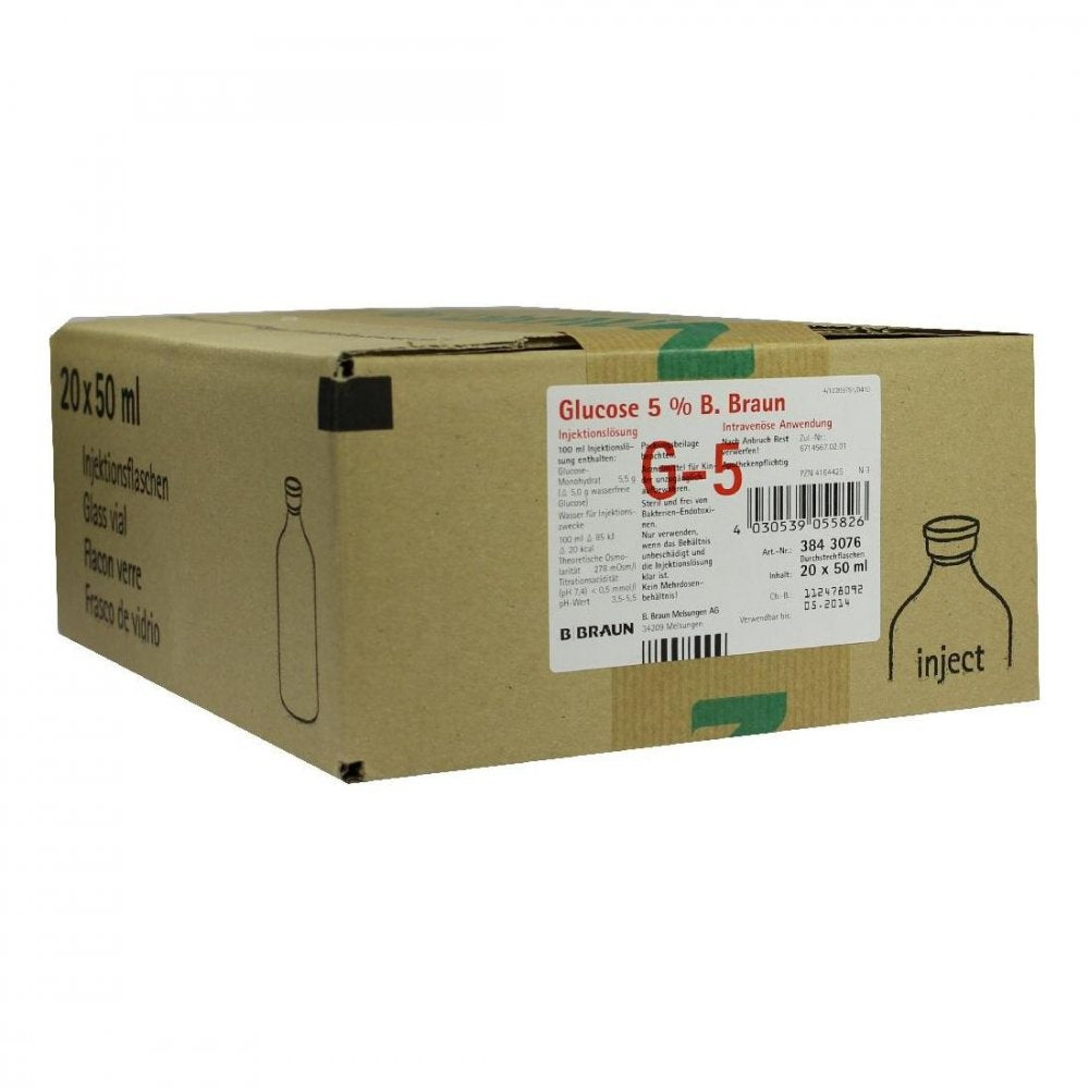 Das Produktfoto zeigt Glucose 5% B.Braun Injektionslösung (20X50 ml) PZN 04164425