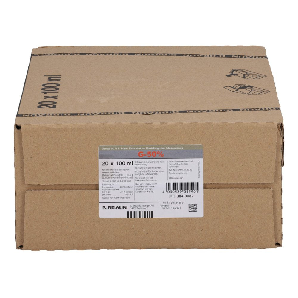 Das Produktfoto zeigt Glucose 50% B.Braun (20X100 ml) PZN 04164543