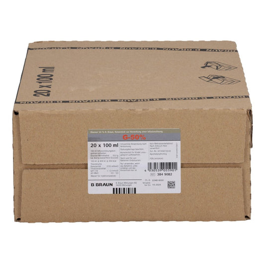 Das Produktfoto zeigt Glucose 50% B.Braun (20X100 ml) PZN 04164543