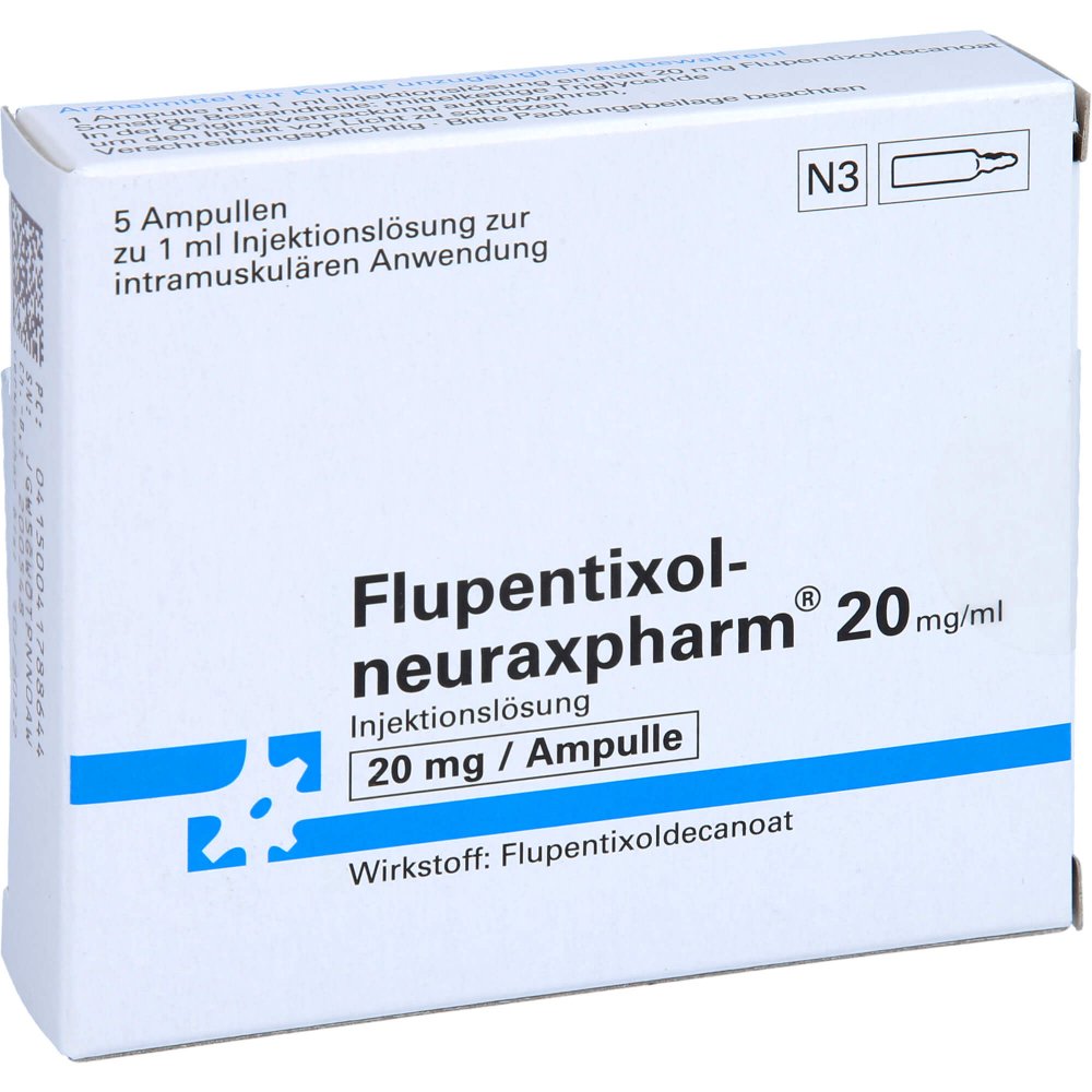 Das Produktfoto zeigt Flupentixol-Neuraxpharm 20 Mg/Ml Inj.-Lösung Amp. (5X1 ml) PZN 04178864