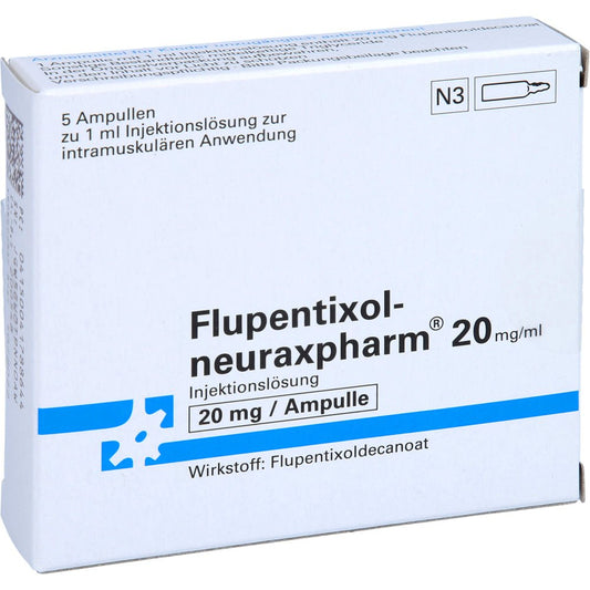 Das Produktfoto zeigt Flupentixol-Neuraxpharm 20 Mg/Ml Inj.-Lösung Amp. (5X1 ml) PZN 04178864