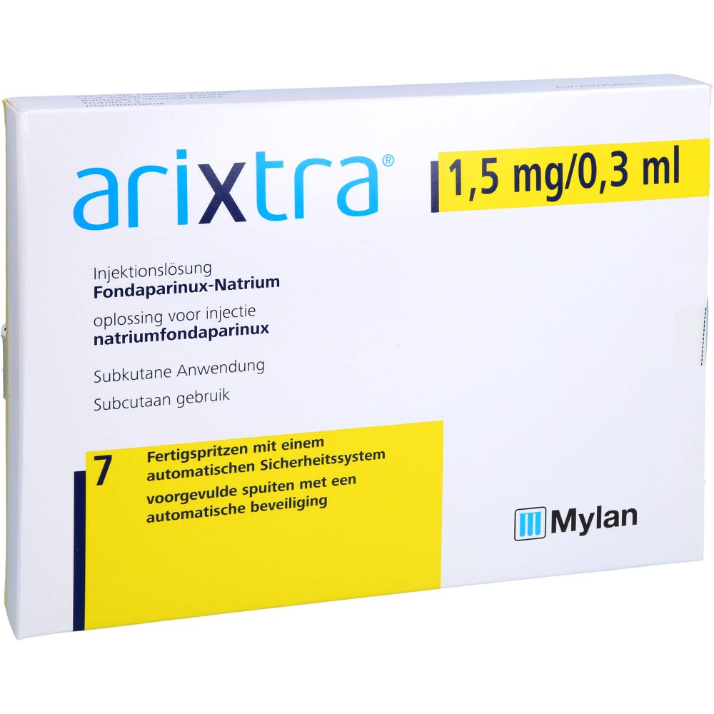 Das Produktfoto zeigt Arixtra 1,5 Mg/0,3 Ml Inj.-Lsg.I.E.Fertigspritze (7X0.3 ml) PZN 04191801