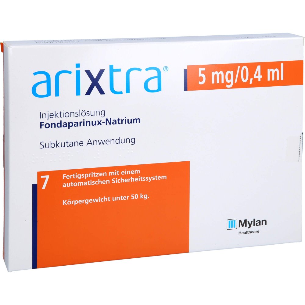Das Produktfoto zeigt Arixtra 5 Mg/0,4 Ml Inj.-Lsg.I.E.Fertigspritze (7X0.4 ml) PZN 04191818