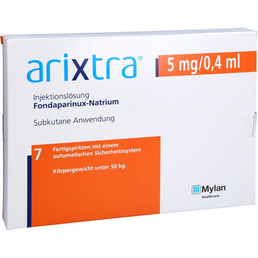 Das Produktfoto zeigt Arixtra 5 Mg/0,4 Ml Inj.-Lsg.I.E.Fertigspritze (7X0.4 ml) PZN 04191818