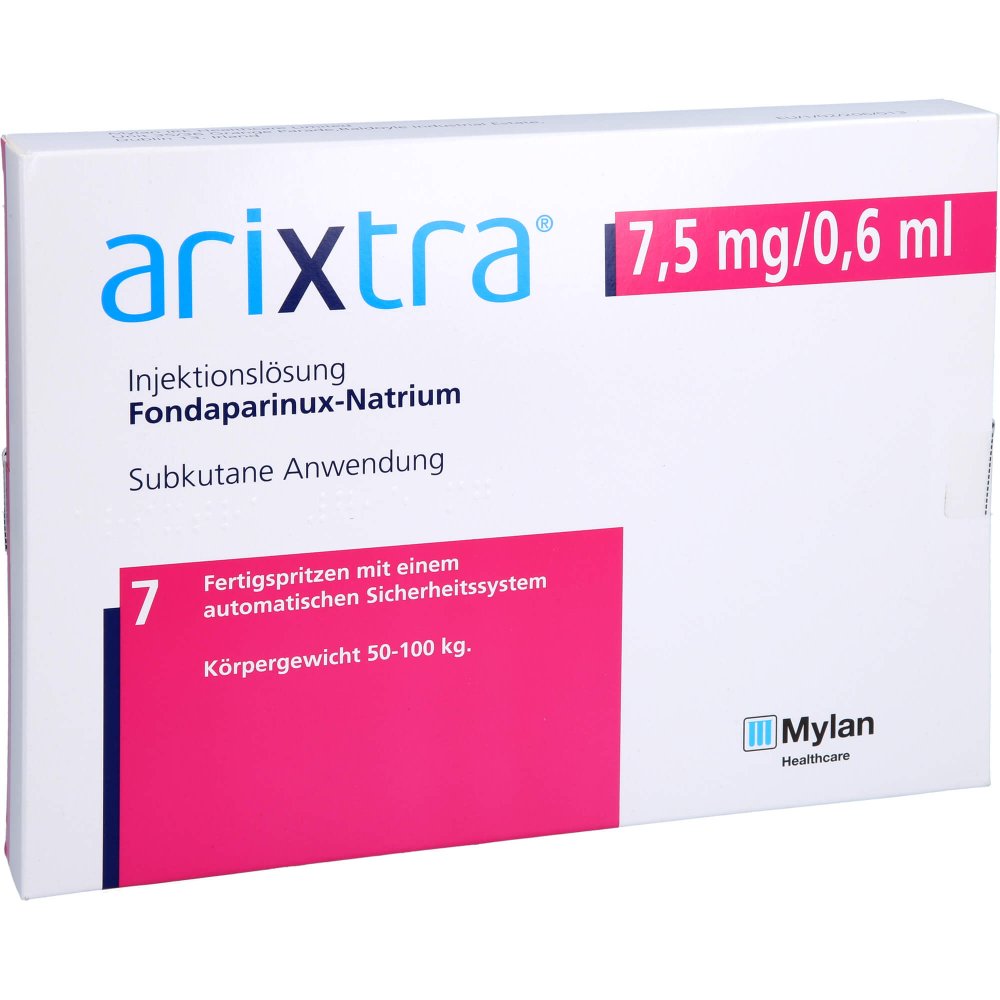 Das Produktfoto zeigt Arixtra 7,5 Mg/0,6 Ml Inj.-Lsg.I.E.Fertigspritze (7X0.6 ml) PZN 04191830