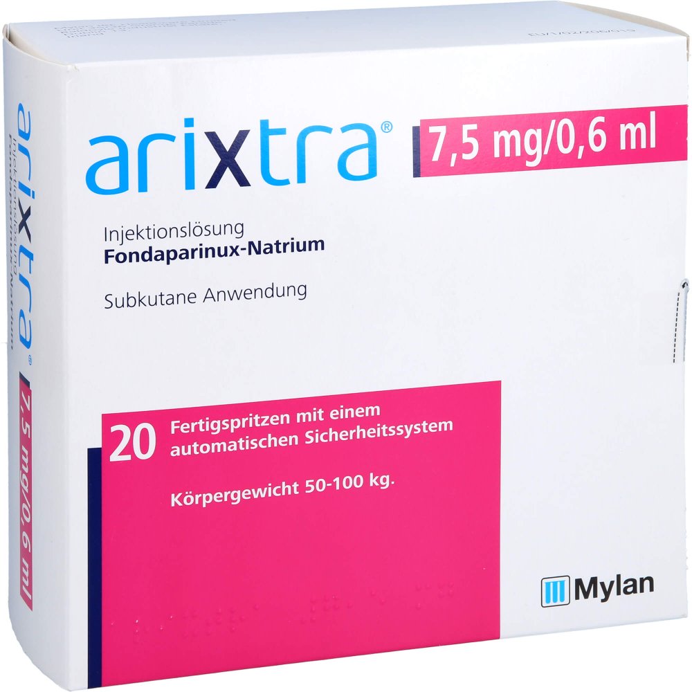 Das Produktfoto zeigt Arixtra 7,5 Mg/0,6 Ml Inj.-Lsg.I.E.Fertigspritze (20X0.6 ml) PZN 04191853