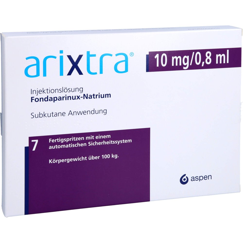 Das Produktfoto zeigt Arixtra 10 Mg/0,8 Ml Inj.-Lsg.I.E.Fertigspritze (7X0.8 ml) PZN 04191876