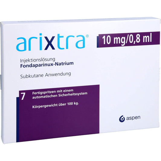 Das Produktfoto zeigt Arixtra 10 Mg/0,8 Ml Inj.-Lsg.I.E.Fertigspritze (7X0.8 ml) PZN 04191876