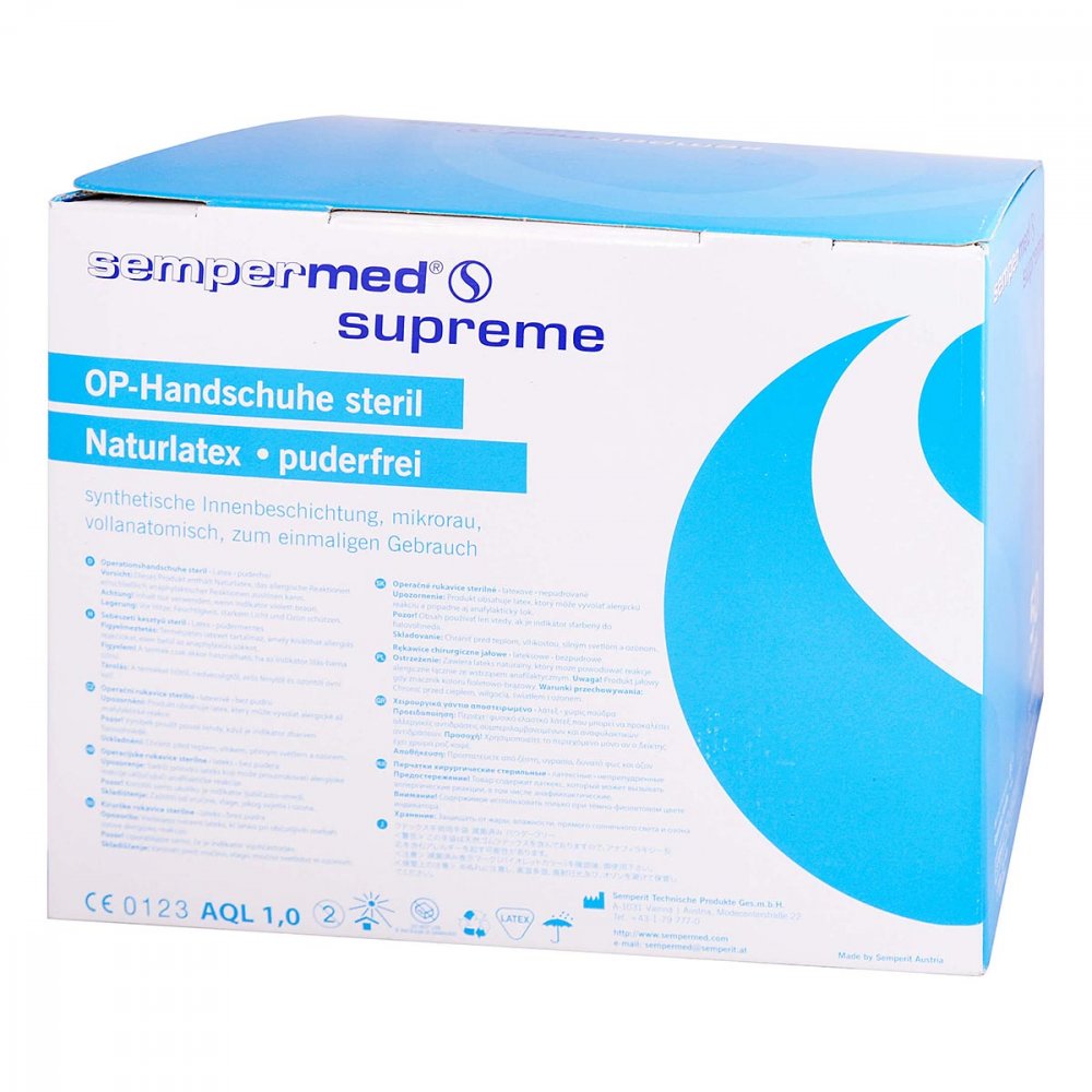 Das Produktfoto zeigt Sempermed Supreme Op-Handsch.Steril Puderfr.Gr.7 (50X2 stk) PZN 04200782