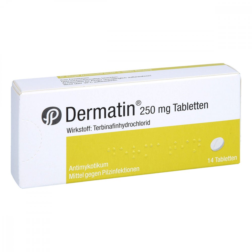 Das Produktfoto zeigt Dermatin 250 Mg Tabletten (14 stk) PZN 04218405