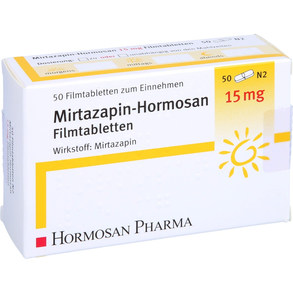 Das Produktfoto zeigt Mirtazapin Hormosan 15 Mg Filmtabletten (50 stk) PZN 04232144