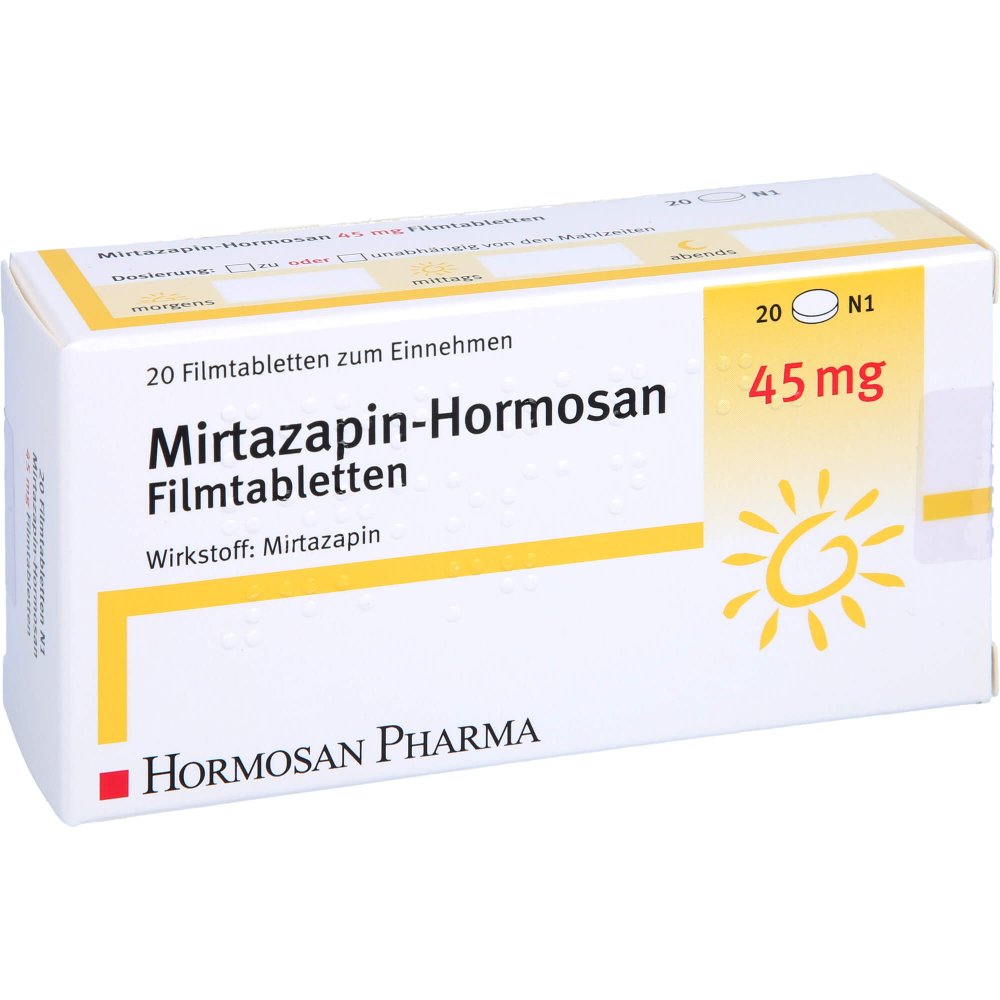 Das Produktfoto zeigt Mirtazapin Hormosan 45 Mg Filmtabletten (20 stk) PZN 04232279