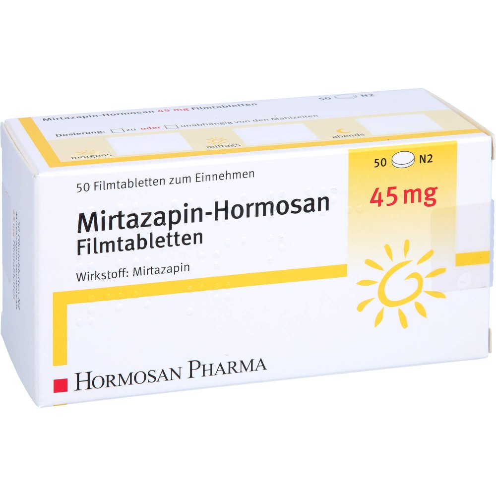 Das Produktfoto zeigt Mirtazapin Hormosan 45 Mg Filmtabletten (50 stk) PZN 04232285