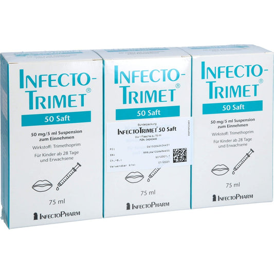 Das Produktfoto zeigt Infectotrimet 50 Saft Suspension Zum Einnehmen (3X75 ml) PZN 04240445