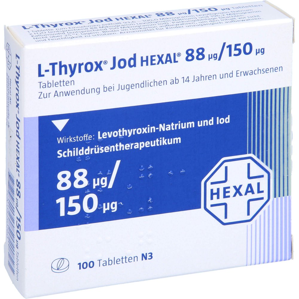 Das Produktfoto zeigt L-Thyrox Jod Hexal 88/150 Tabletten (100 stk) PZN 04250260