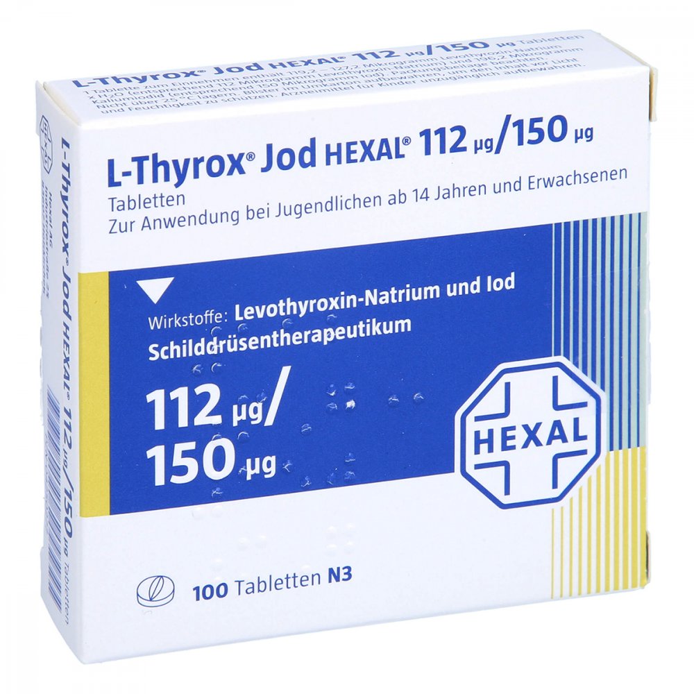 Das Produktfoto zeigt L-Thyrox Jod Hexal 112/150 Tabletten (100 stk) PZN 04250277