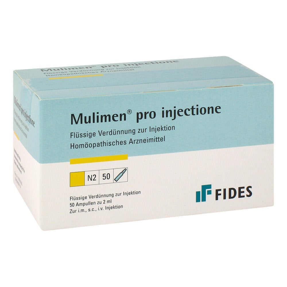 Das Produktfoto zeigt Mulimen Pro Injectione Ampullen (50X2 ml) PZN 04251578