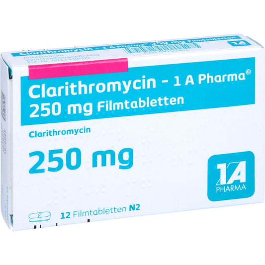 Das Produktfoto zeigt Clarithromycin-1a Ph.250mg Filmtabletten (12 stk) PZN 04255903