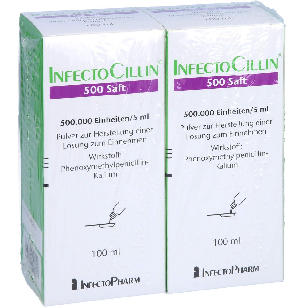 Das Produktfoto zeigt Infectocillin 500 Saft 1ml=100.000 I.E. (2X100 ml) PZN 04257888